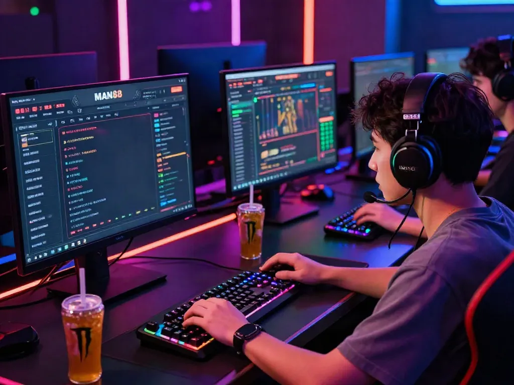Gamer using the MAN88 online betting platform with vibrant accessories.