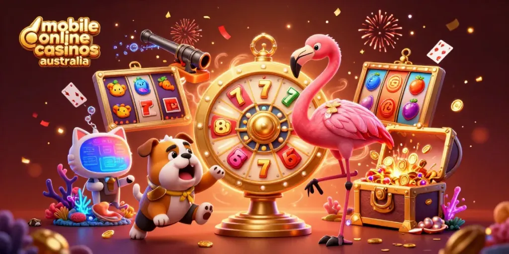 Engaging scene depicting mobile online casinos Australia with vibrant characters, slot machines, and festive elements.
