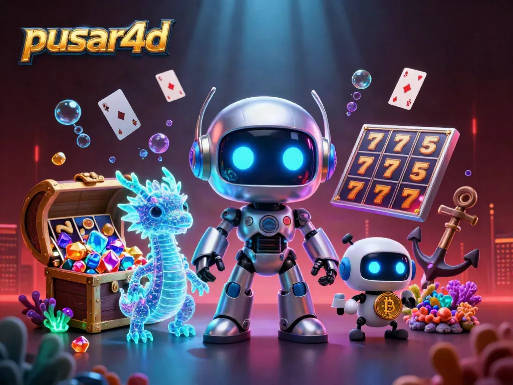 Engage with pusar4d's thrilling slot games, showcased through a vibrant 3D digital scene.