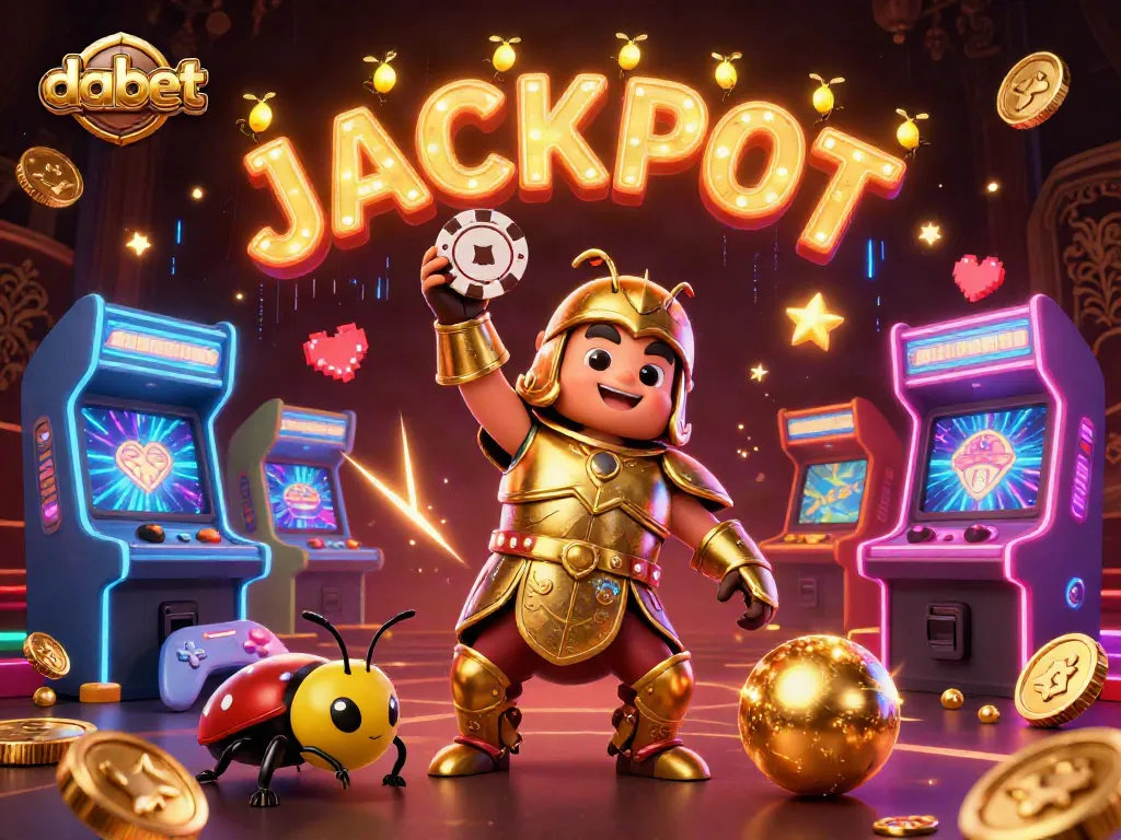 Dabet champions a jackpot with a victorious beetle in golden armor amidst vibrant gaming elements and glowing designs.