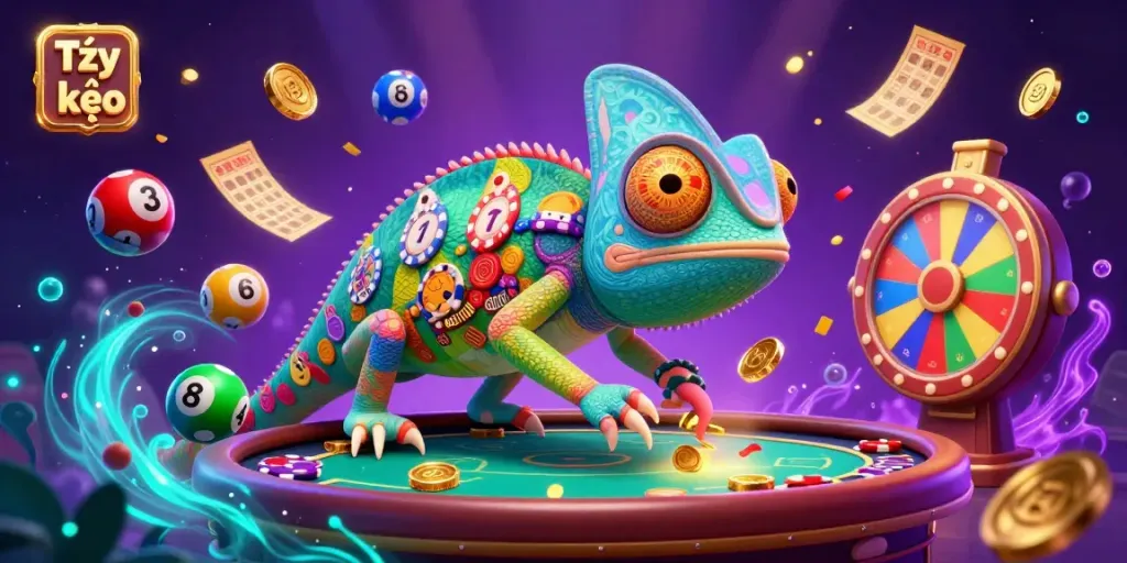Experience Tỷ lệ kèo with a vibrant chameleon casino owner amidst dynamic gambling elements.