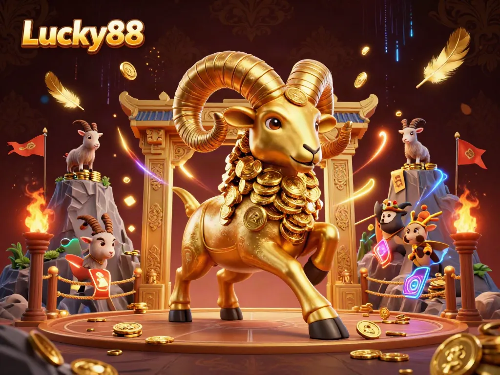 Experience thrilling gameplay with Lucky88's golden ram charging through a lavish casino arena.
