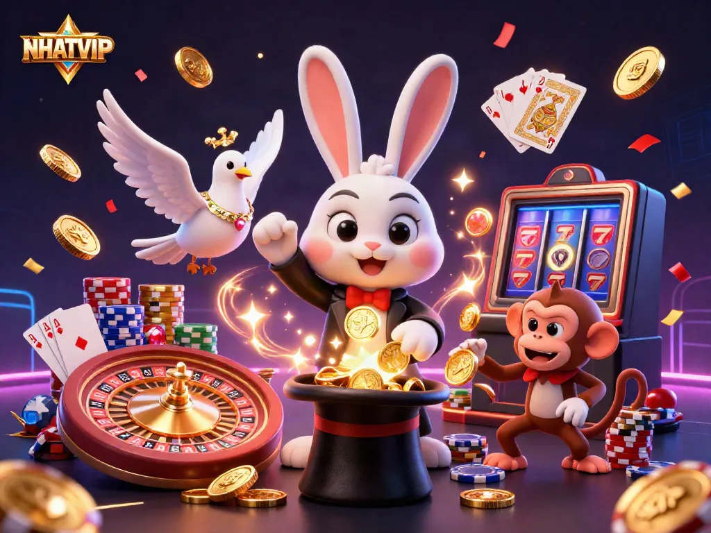 Engage with NHATVIP's vibrant casino scene featuring a magician rabbit and charming characters.