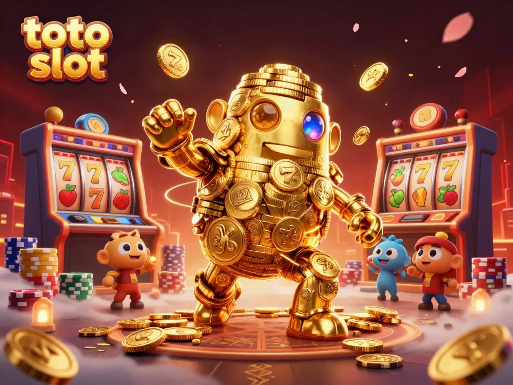 Engage with the thrilling toto slot experience in this vibrant casino artwork featuring golden golems and slot elements.