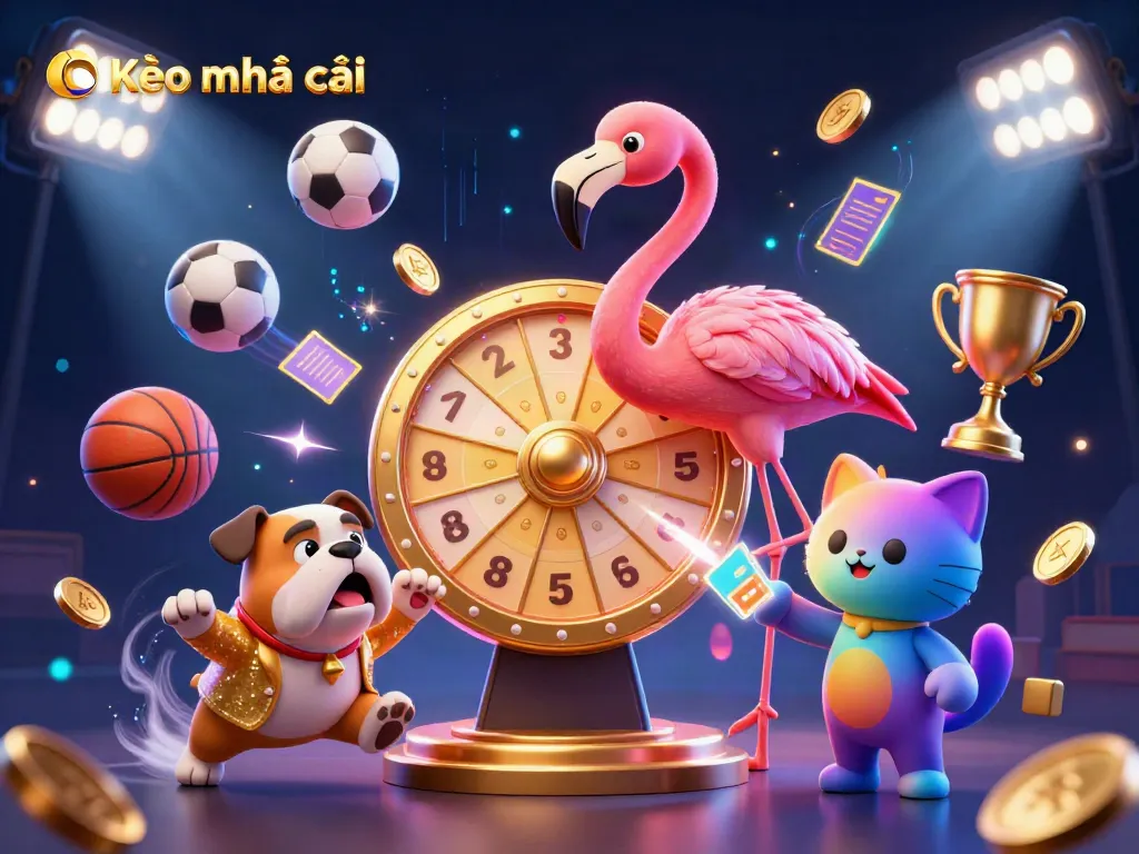 Engaging Kèo nhà cái scene with a cartoon flamingo host, bulldog contestant, and colorful sports elements.
