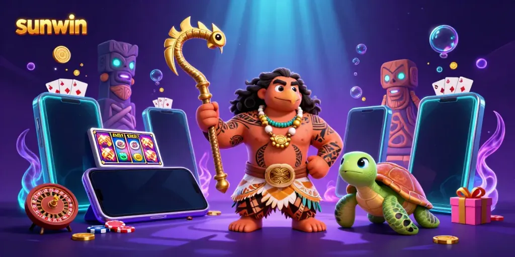 Engage with sunwin's thrilling casino games alongside a dynamic Polynesian demigod and a turtle, amidst vibrant gambling elements.