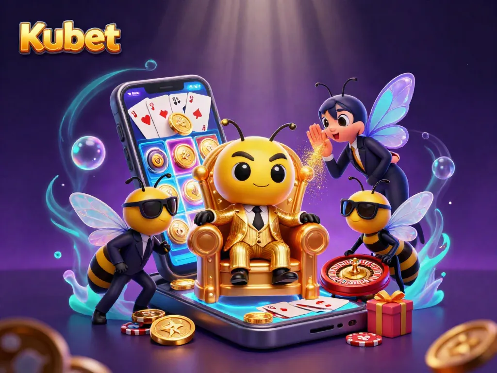 Kubet casino illustration featuring a mob boss bee, wasp guards, and butterfly, with vibrant slot game elements.