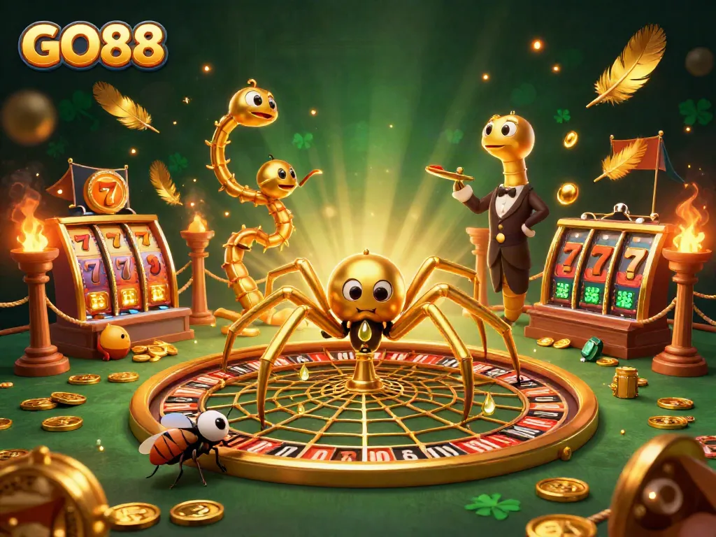 Engaging scene with GO88 featuring a golden spider and centipede in a vibrant casino web.