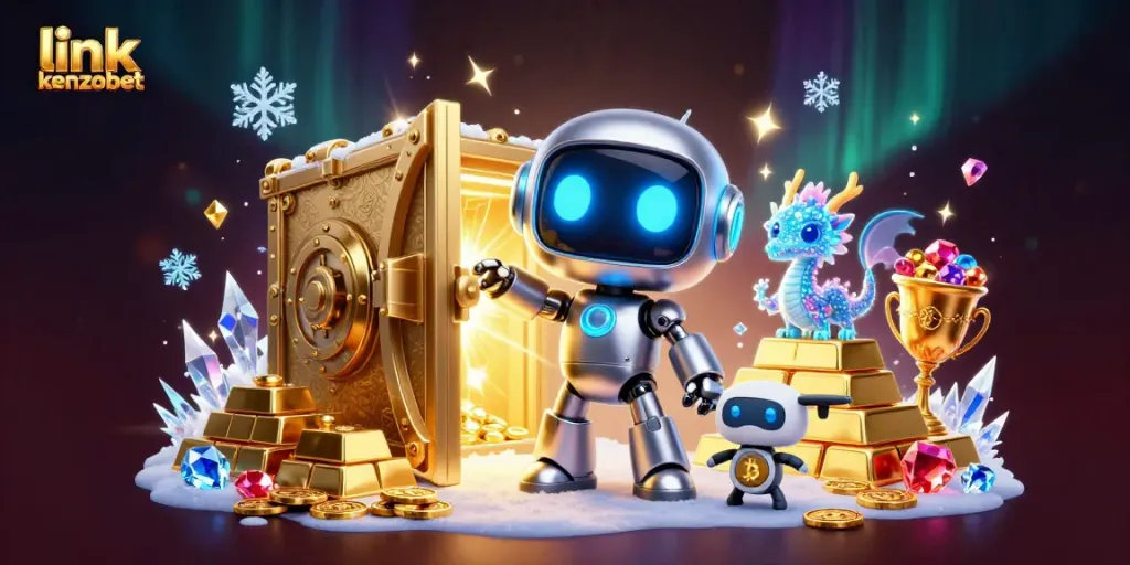 Engage with link kenzobet in a vibrant 3D casino setting filled with gold, gems, and excitement.