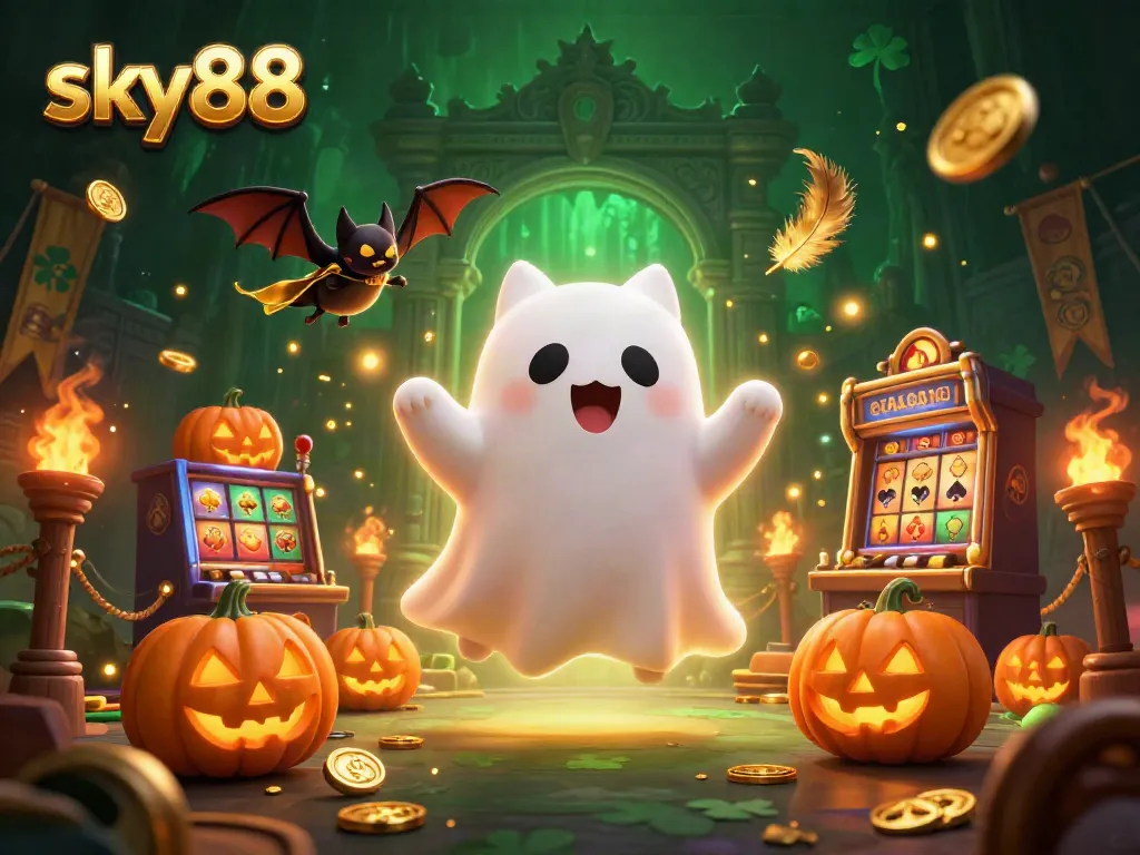 Experience sky88 thrills with a ghost cat navigating a vibrant haunted casino scene.