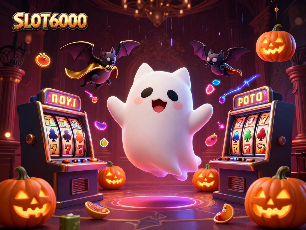 Experience high RTP games with SLOT6000 as a ghost cat haunts a vibrant casino, showcasing thrilling slot games.