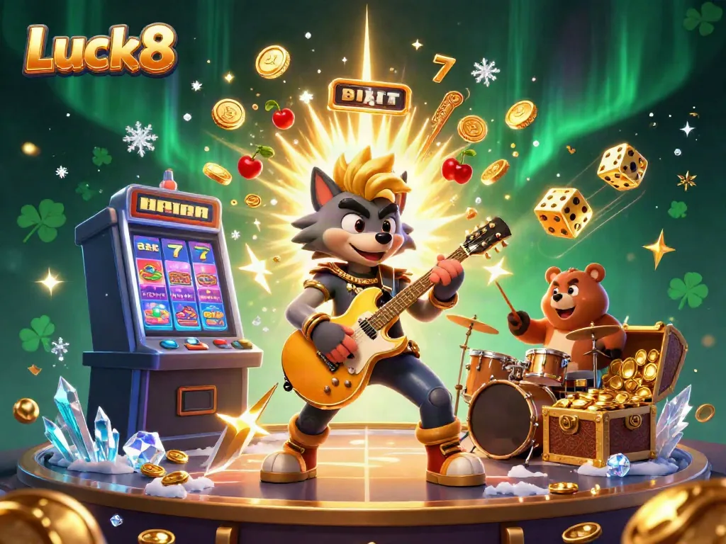 Experience thrilling wins at Luck8 with vibrant casino-themed 3D characters and slot elements.