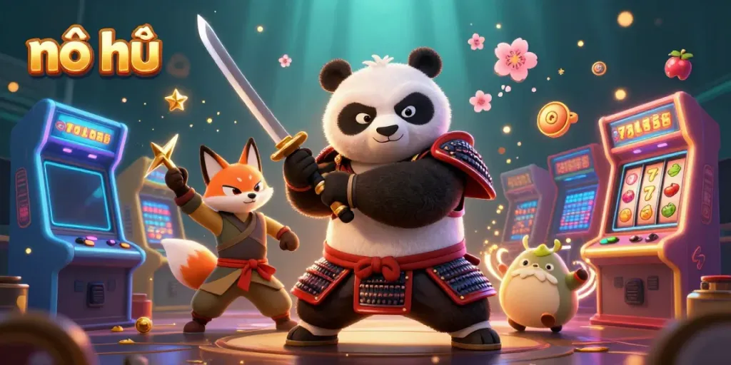 Engaging nổ hũ gameplay illustrated with dynamic samurai panda, ninja fox, and spirit tanuki in a vibrant casino setting.