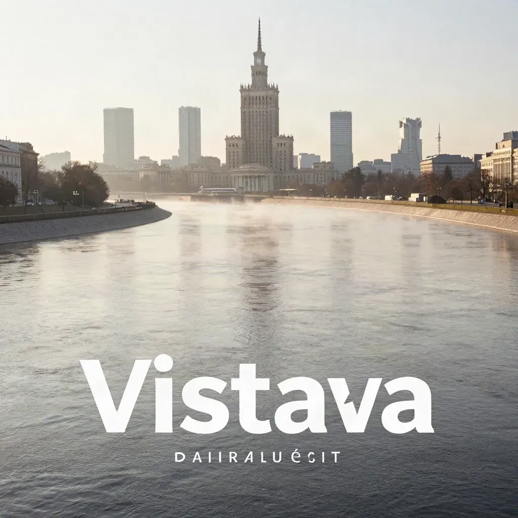 Mglista Wisła i panorama Warszawy o poranku, dużo spokojnej przestrzeni na napis