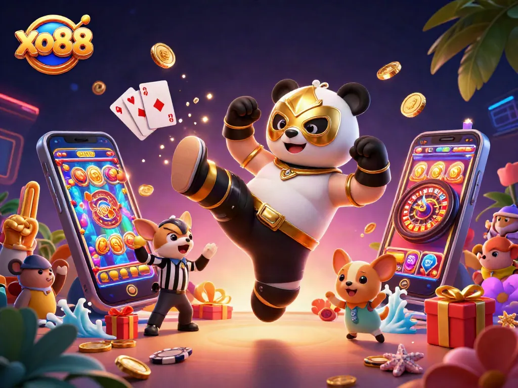 Experience winning excitement at xo88 with a lively scene of animated characters in a vibrant casino environment.