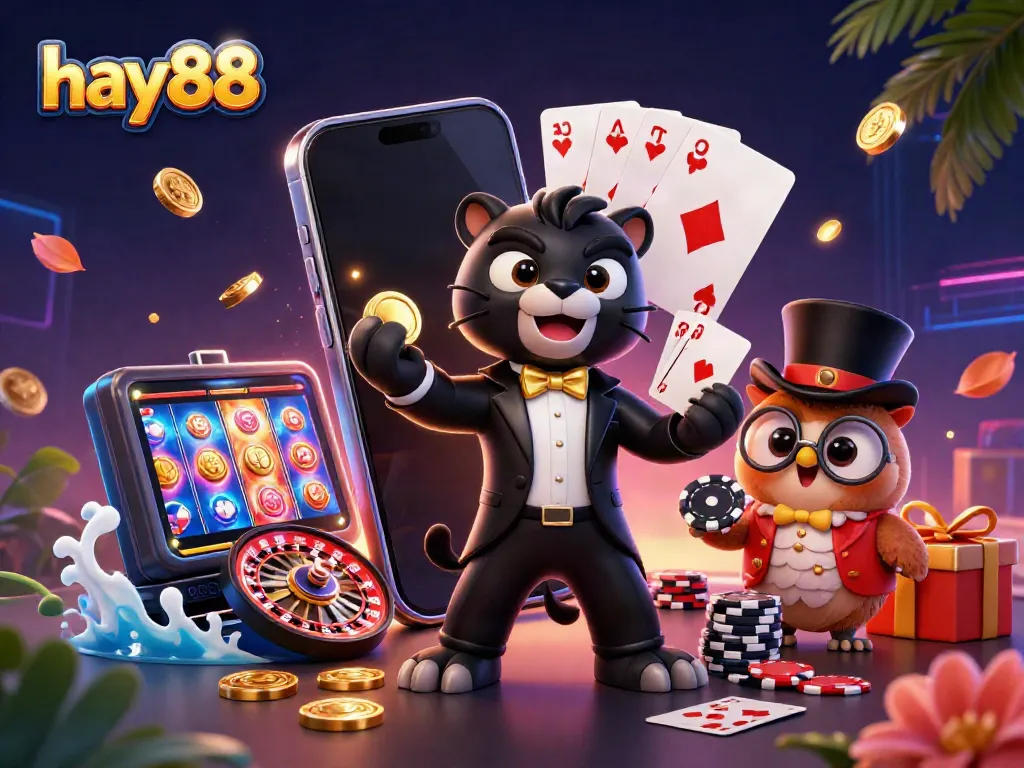 Engage with the excitement of hay88 through a dynamic casino scene filled with vibrant characters, games, and winning elements.