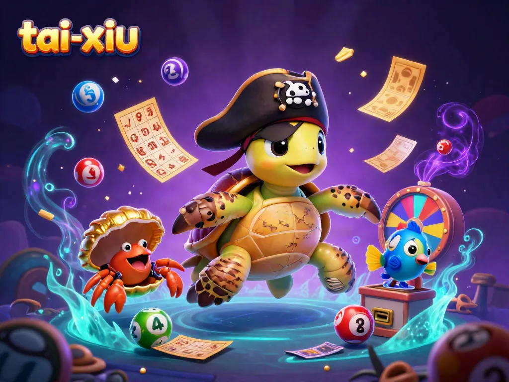 Experience tai-xiu with a dynamic scene of cartoon characters celebrating above vibrant casino elements.