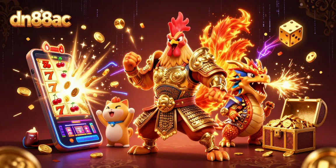 Experience thrilling wins at dn88ac with a dynamic scene featuring a rooster warrior and dragon hatchling amidst explosive casino elements.