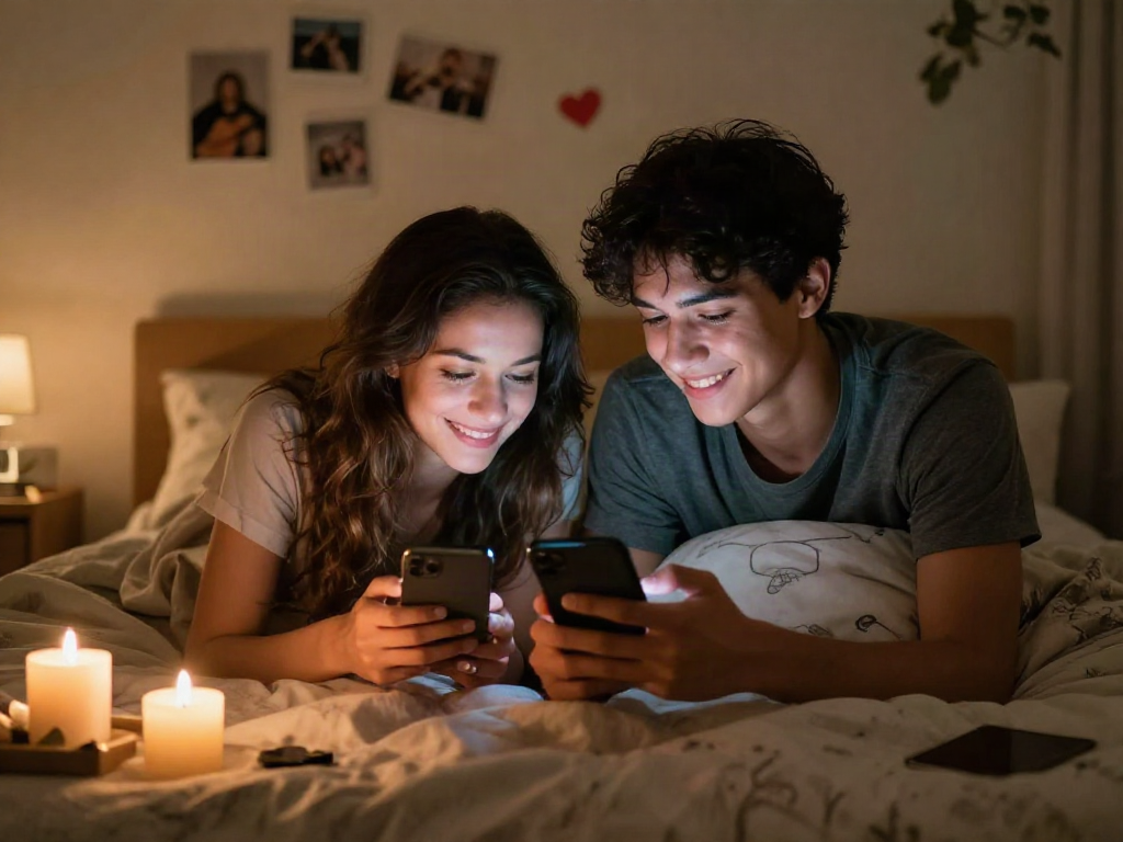 Couple using smartphones for ai sexting in a cozy bedroom