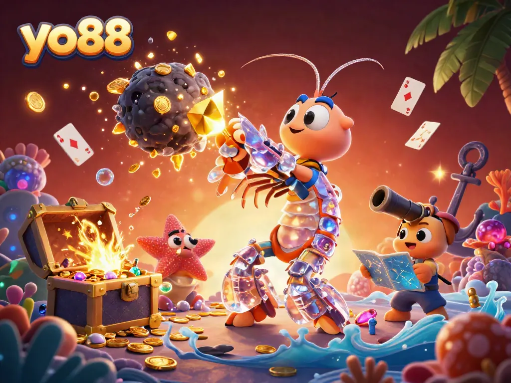 Experience the excitement of yo88 with vibrant underwater casino elements and 3D cartoon characters ready for action.