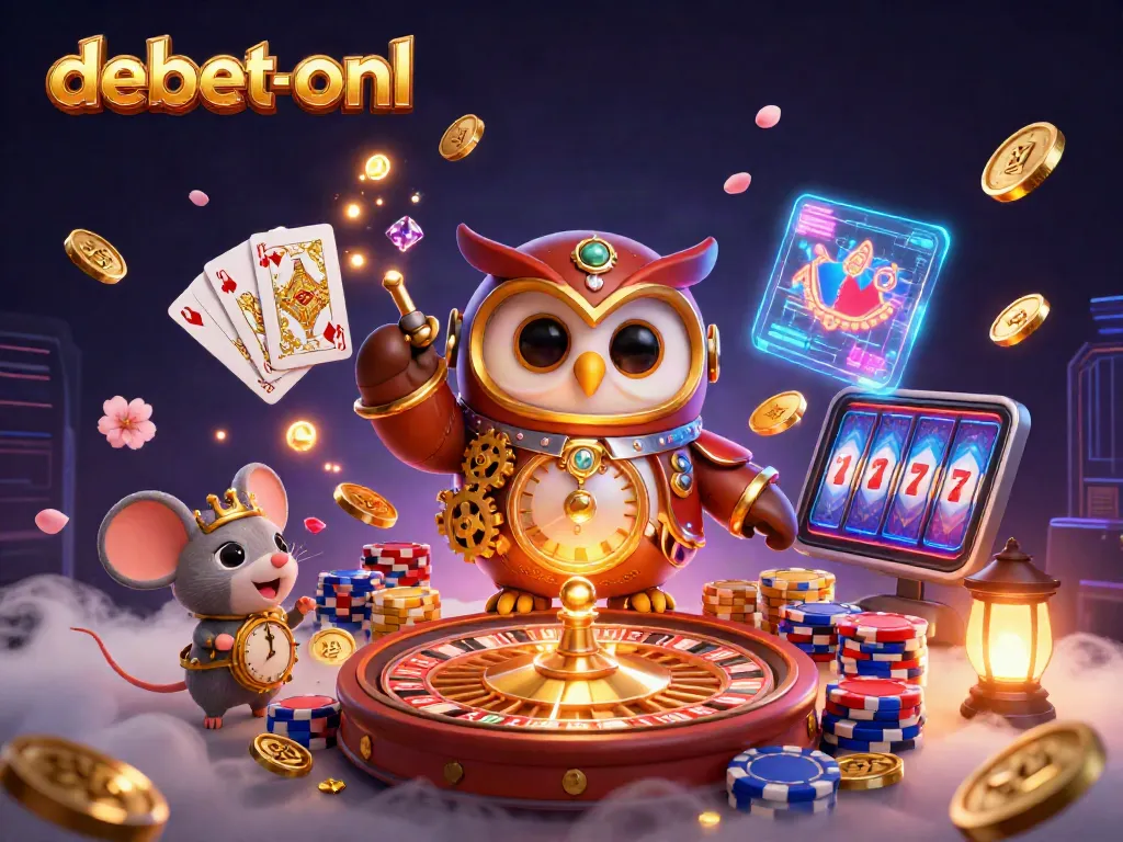 Engage with debet-onl's thrilling gaming experience featuring a time-traveler owl and animated casino elements.