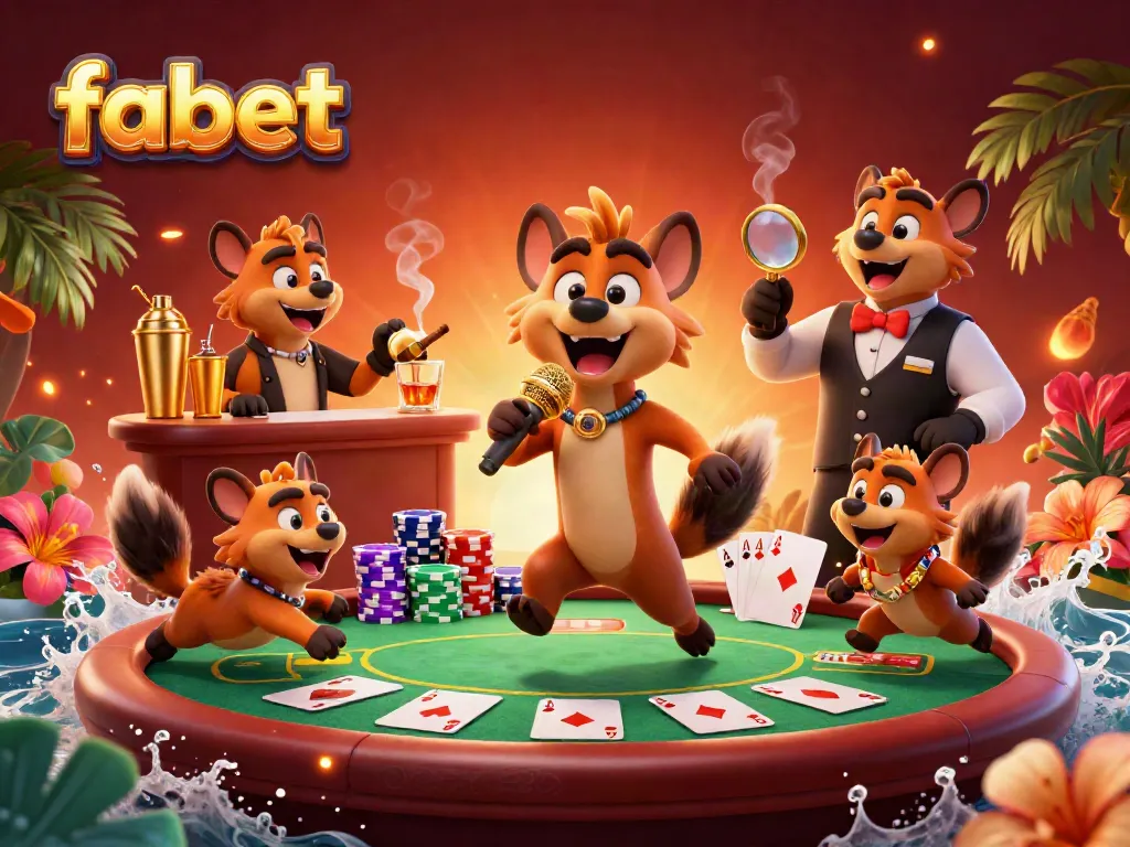 Experience vibrant casino excitement with fabet's hyena characters, mixing drinks, and comedy!
