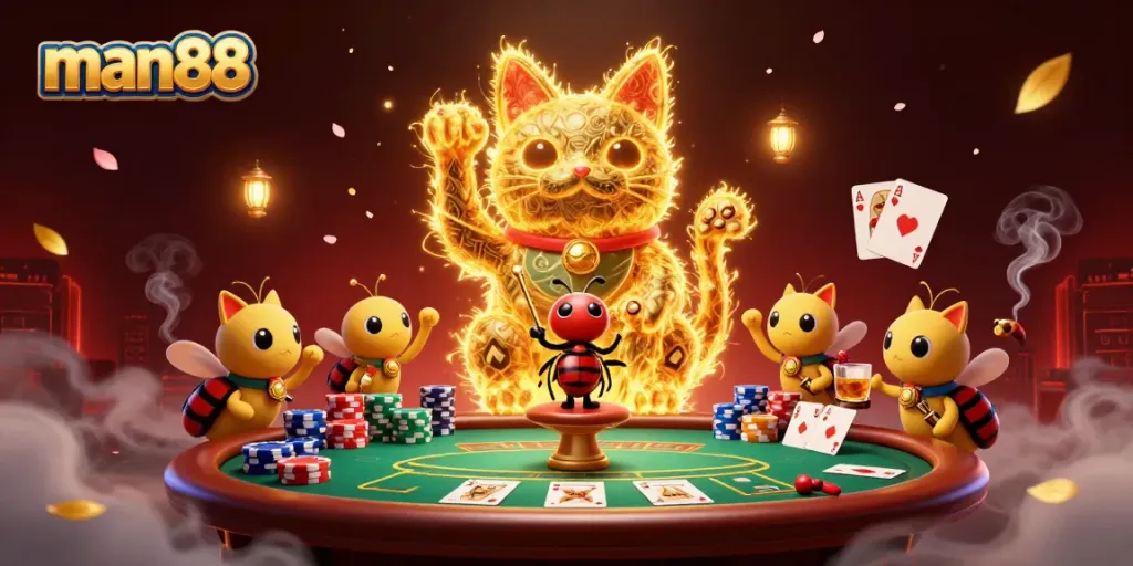 Experience the dynamic excitement of man88 with a golden lucky cat surrounded by vibrant casino elements.