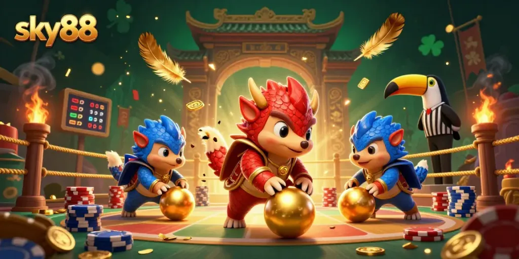 Bowling pangolins in a dynamic sky88 casino scene, creating excitement with poker chips.