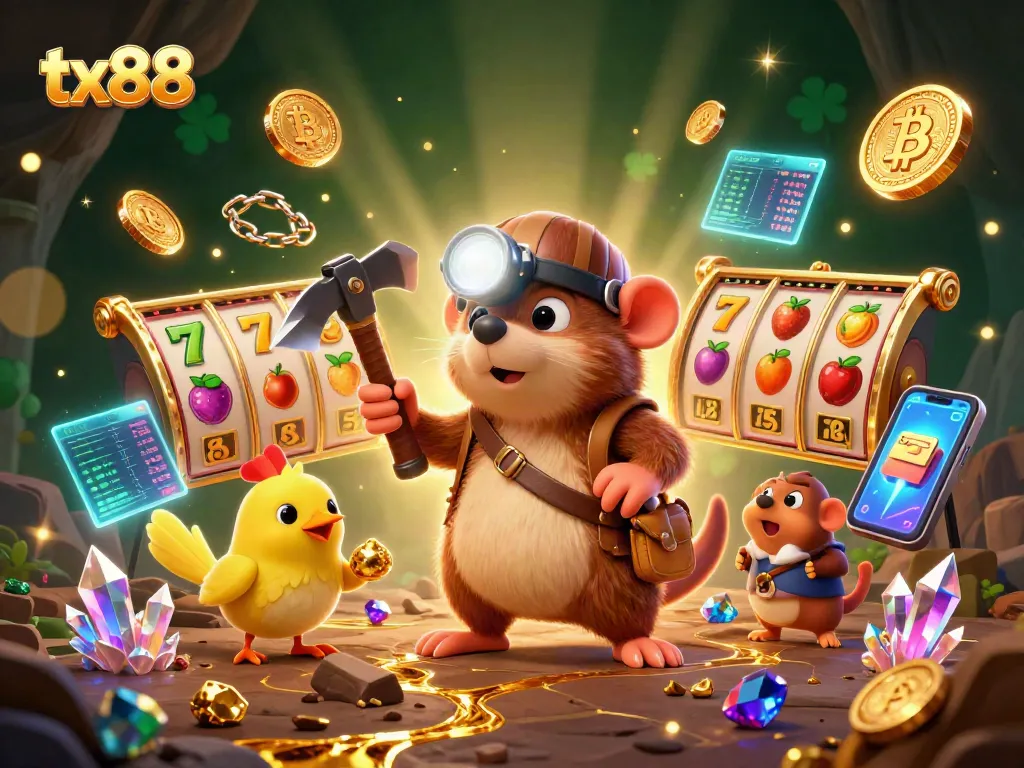 Spin the slots with tx88, as a mole and canary uncover treasures in a vibrant gaming cave.