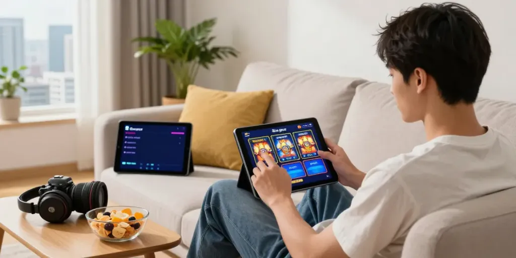 Person enjoying digital slot games on a tablet in a cozy living room, highlighting Situs gacor.