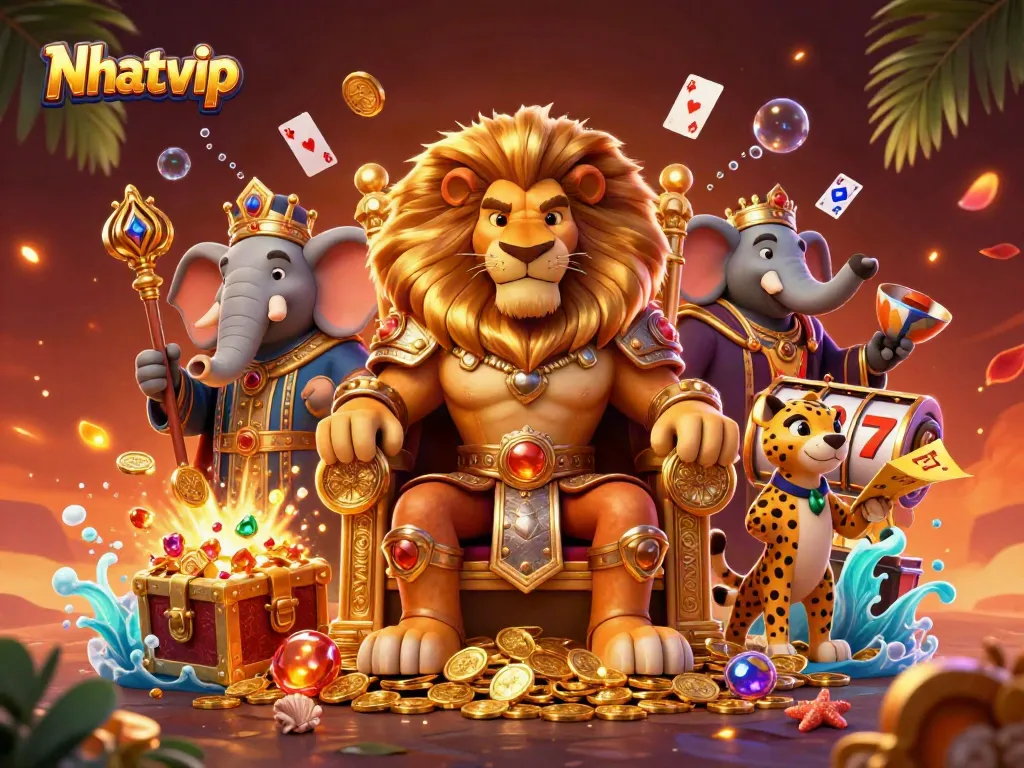 Nhatvip offers thrilling casino adventures with a lion king, wise elephant, and cheetah amid treasure.