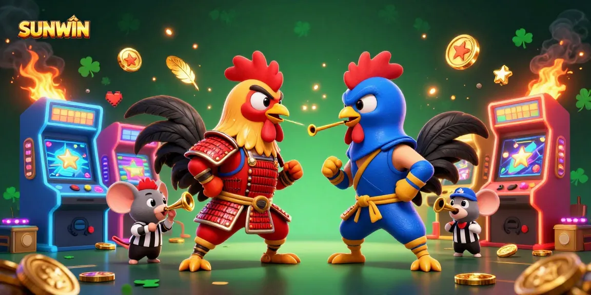 SUNWIN brings thrilling action with cartoon roosters in a dramatic standoff amid vibrant casino elements.
