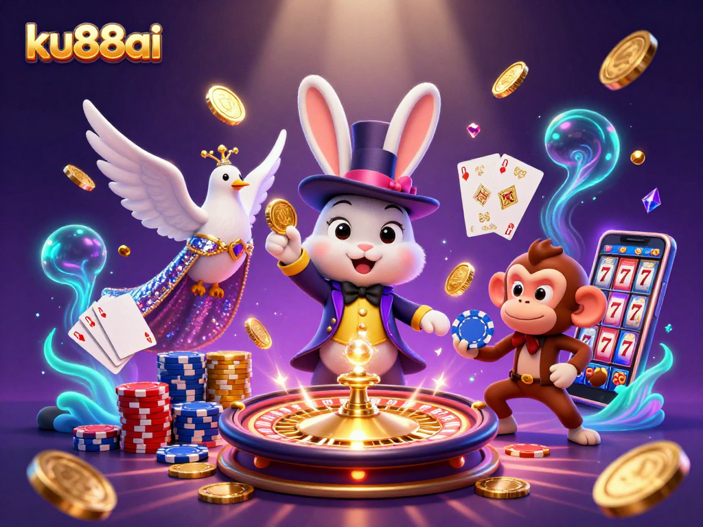 Engage with ku88ai's vibrant 3D casino scene featuring a magician rabbit and poker fun.