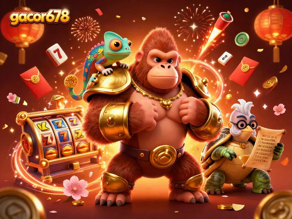 Engage with gacor678 in a vibrant 3D casino scene featuring a powerful gorilla, a colorful chameleon, and a wise tortoise.