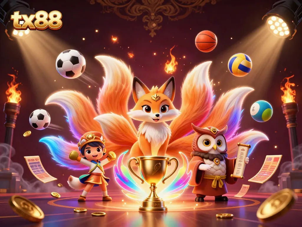 Experience tx88's vibrant gaming atmosphere with a magical fox spirit and wise owl sage among dynamic sports elements.