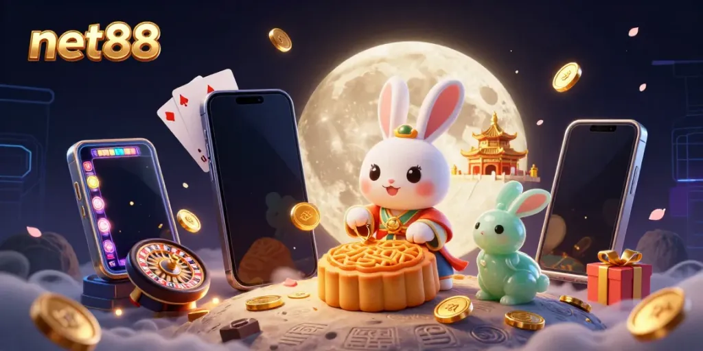 Play exciting games at net88 with a vibrant 3D illustration showcasing a moon rabbit and gaming elements.