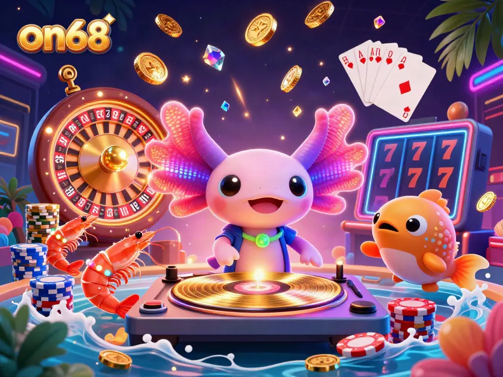 Experience on68’s vibrant casino scene with an energetic axolotl DJ and animated characters.