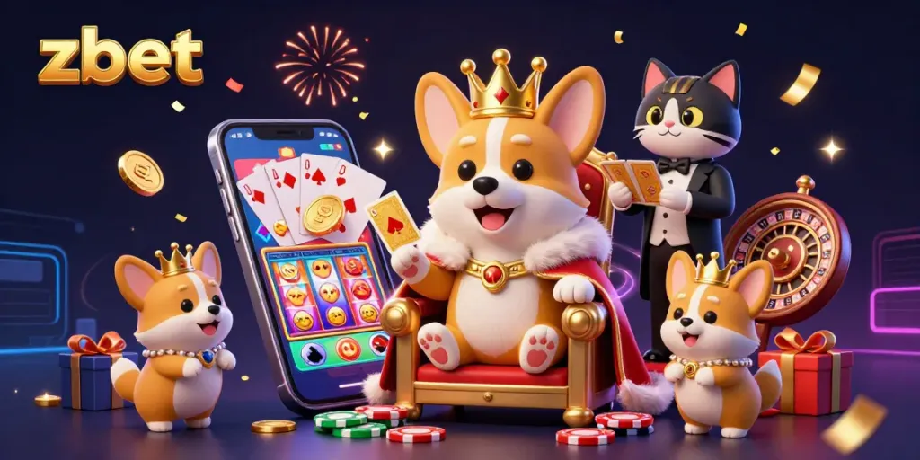 Experience exciting gaming moments with zbet as a royal corgi presides over a colorful casino scene.
