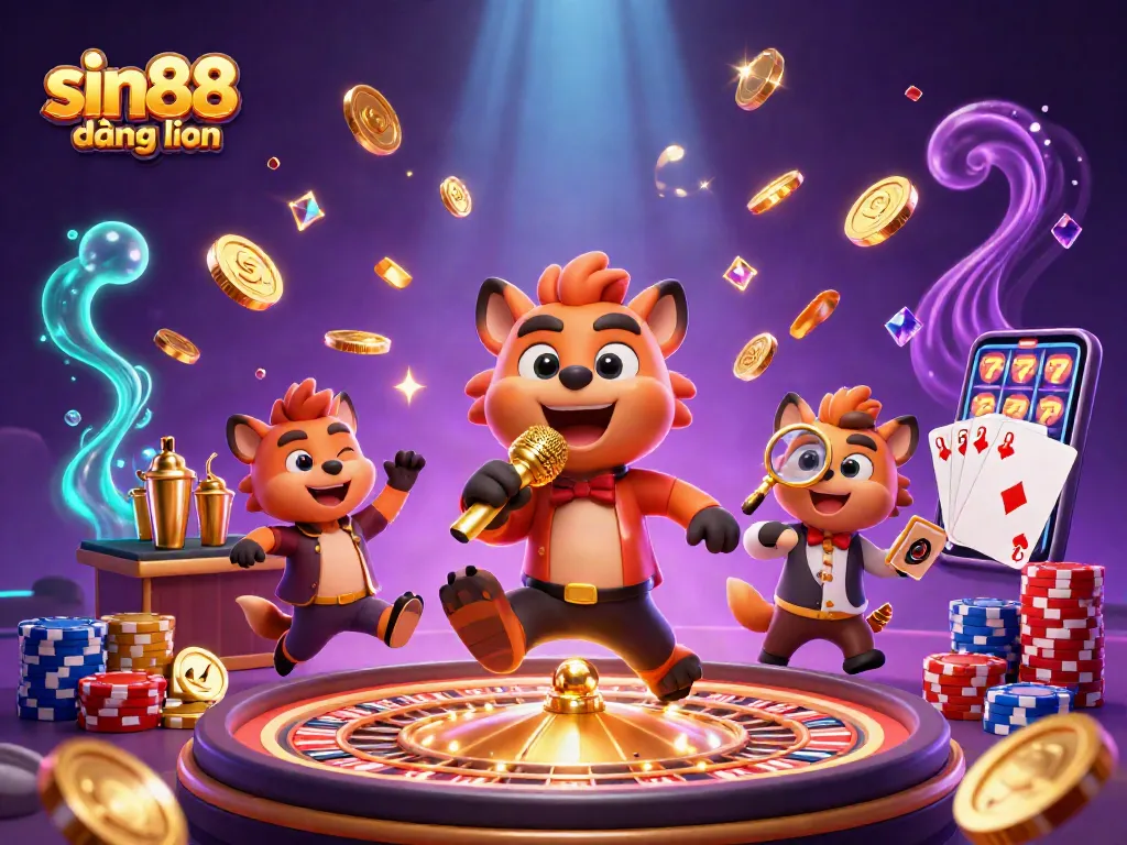 Engage with sin88 đăng nhập at a vibrant casino depicted in a colorful 3D hyena comedy club.