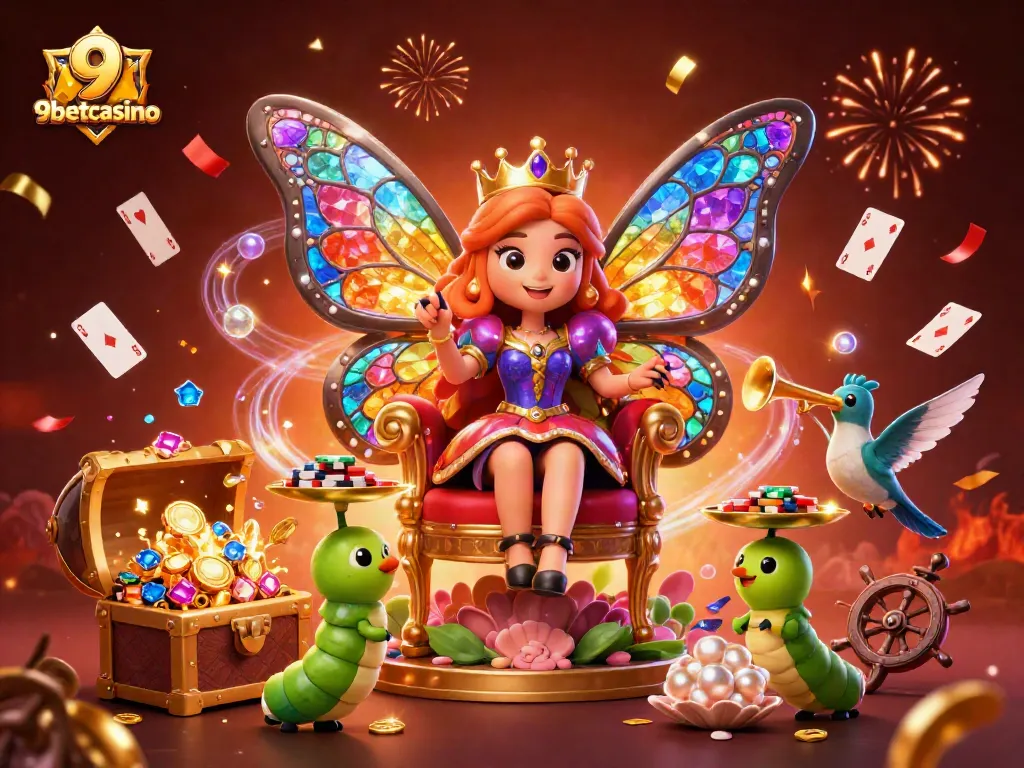 Experience the thrill of 9betcasino with vibrant characters and casino-themed elements in a stunning scene.