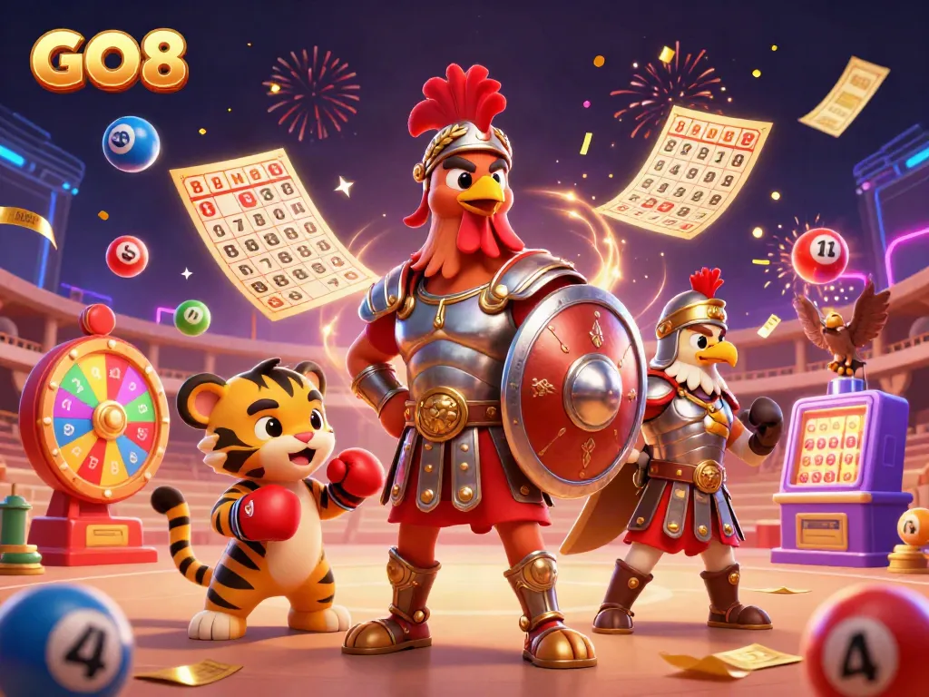 Experience excitement at GO8 online casino with colorful lottery elements and dynamic characters.