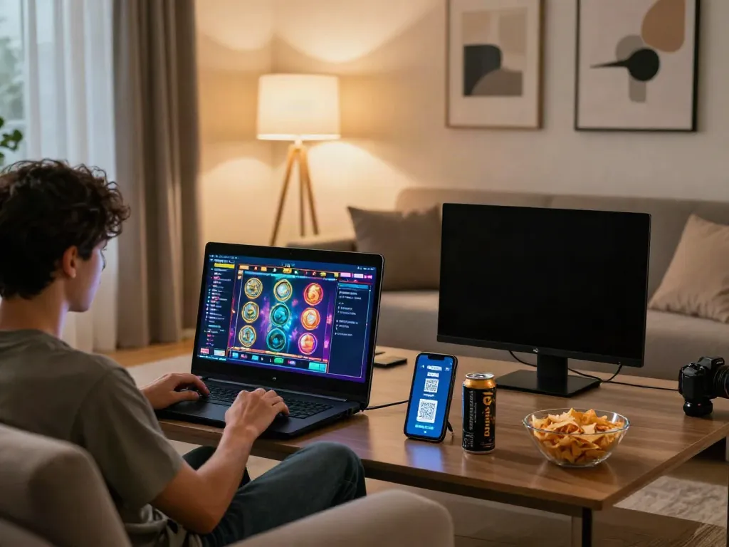 Enjoying a slot qris gaming experience on a cozy sofa with snacks.
