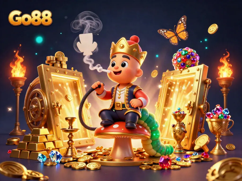 Experience Go88's vibrant casino atmosphere with a magical caterpillar smoking poker hands