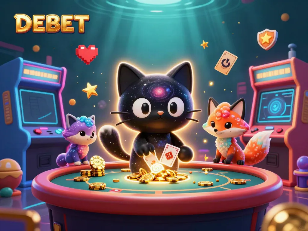 Engage with DEBET's exciting cosmic casino scene featuring a black hole cat pulling in winning chips.