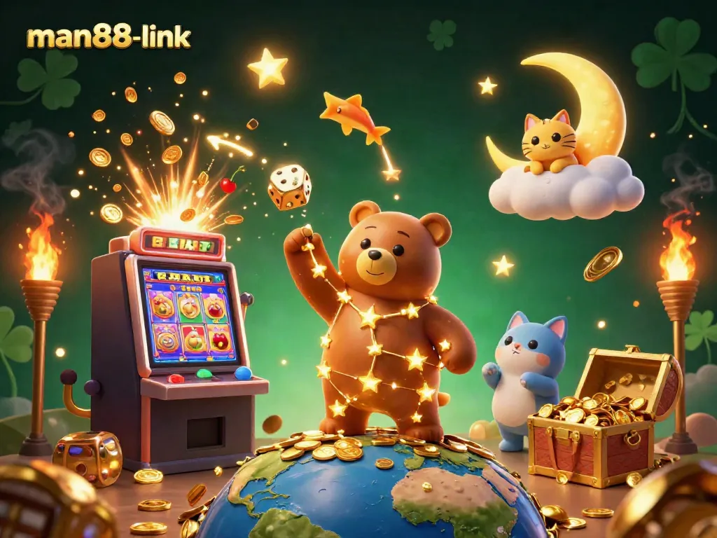 Win big at man88-link with a 3D cartoon illustration of a constellation bear and casino elements!