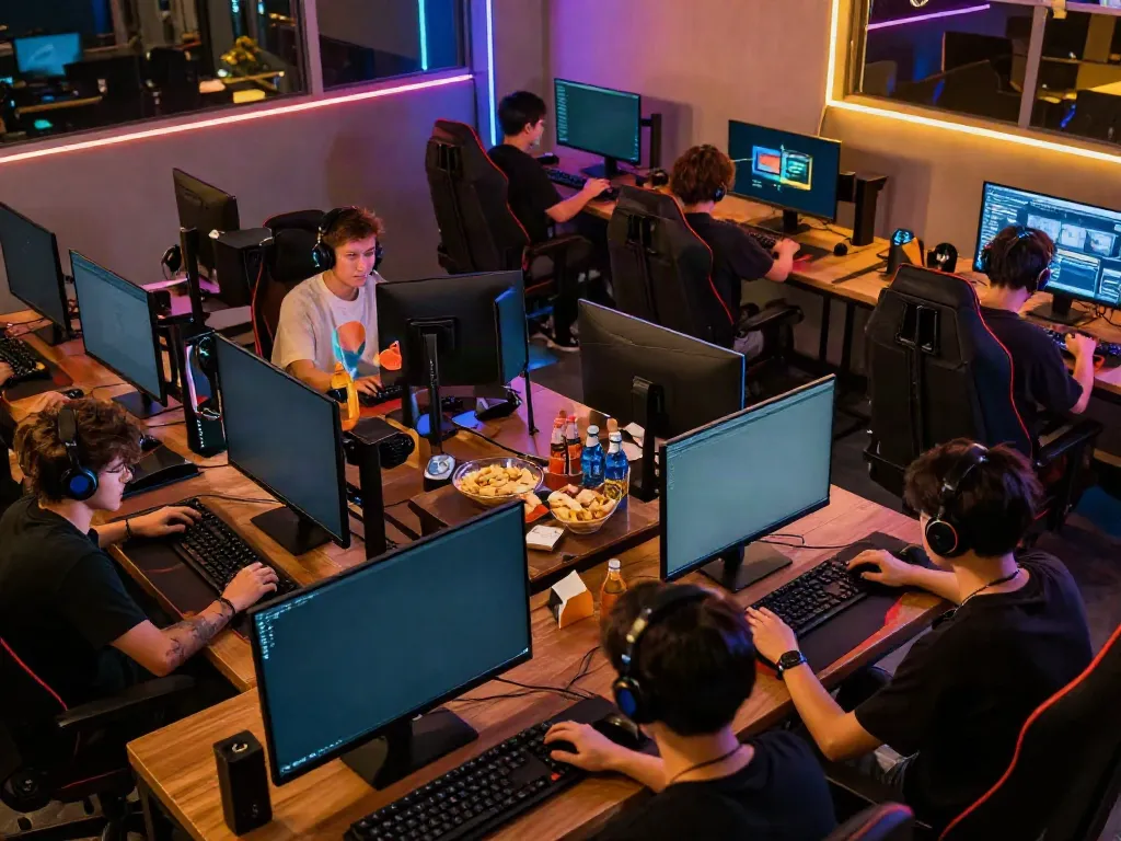 Engaged gamers enjoying their online experience on KILAT404 in a vibrant lounge.