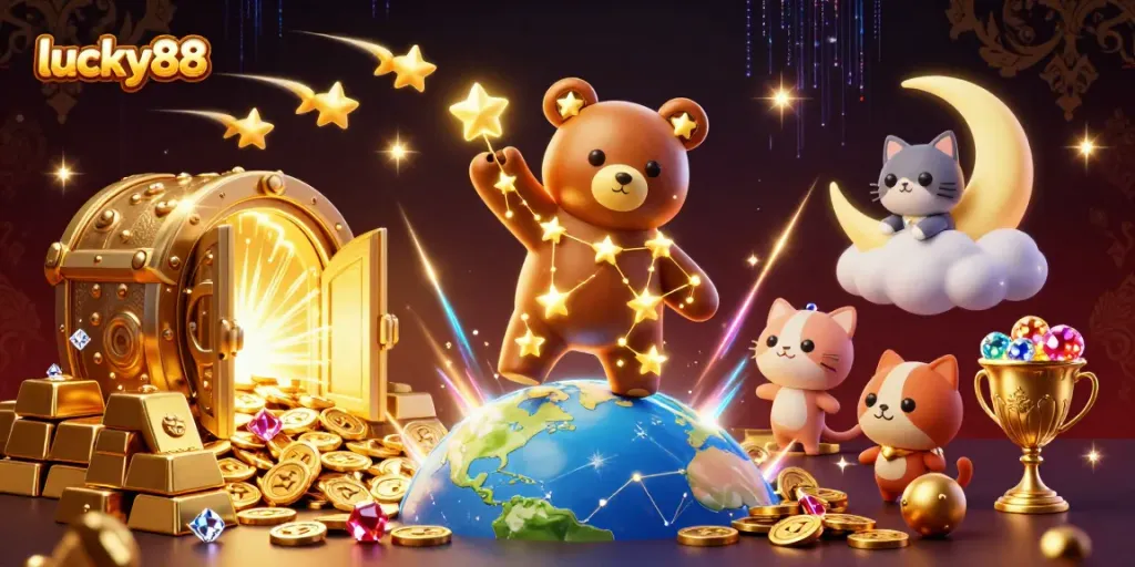 Experience the thrill of lucky88, winning with vibrant casino elements and animated characters.