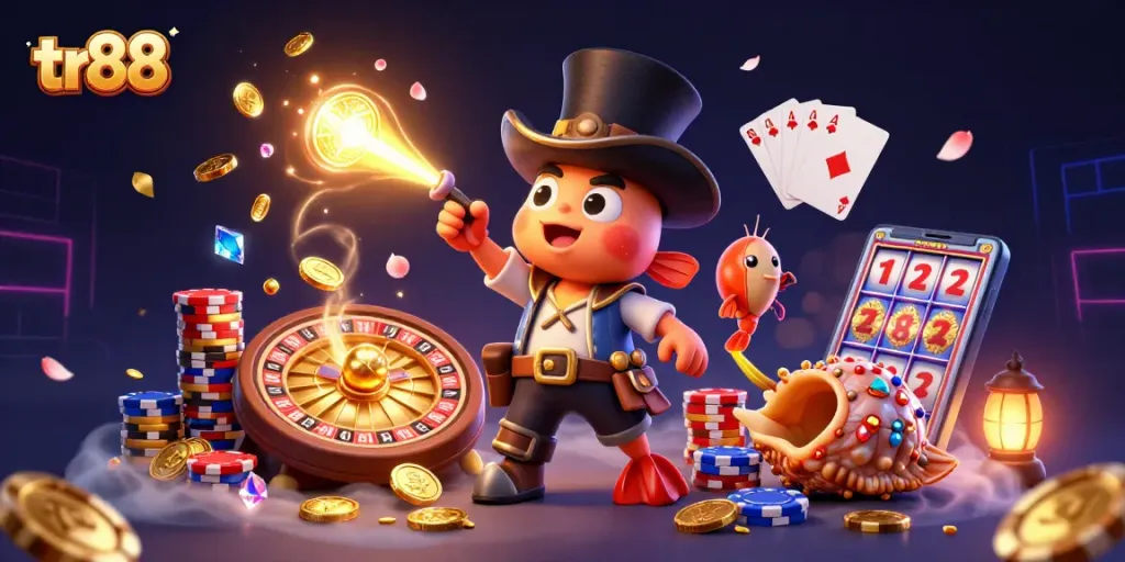 Experience tr88's thrilling gaming with a deep-sea anglerfish attracting golden coins amidst a vibrant casino scene.