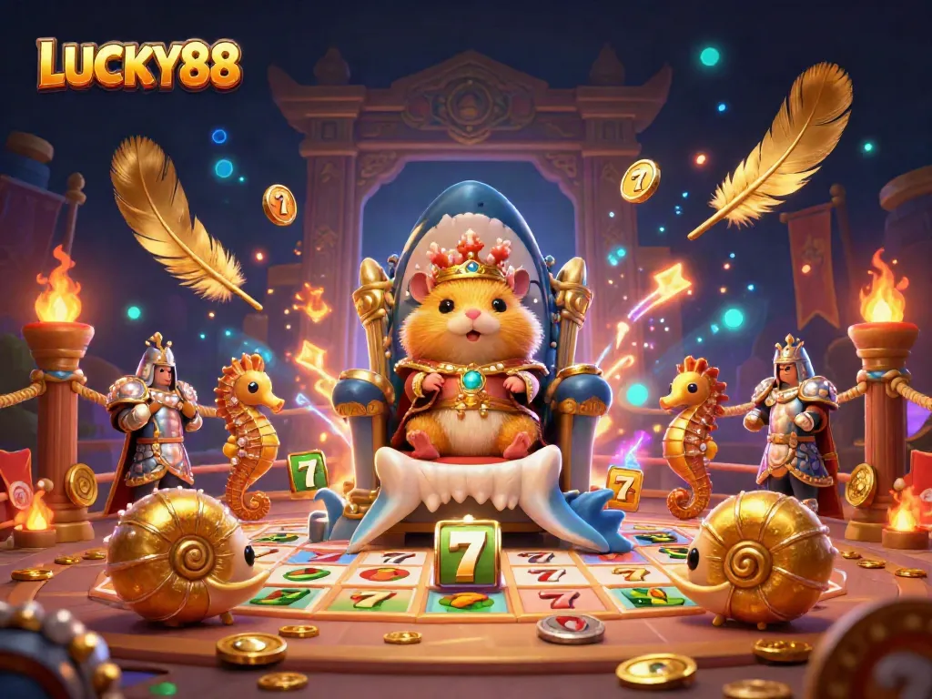 LUCKY88 fantasy scene featuring a hamster king and seahorse guards in a vibrant casino atmosphere.
