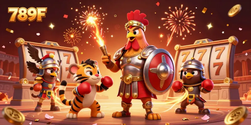 Engage in thrilling gameplay with 789F featuring colorful slots, golden coins, and festive elements.